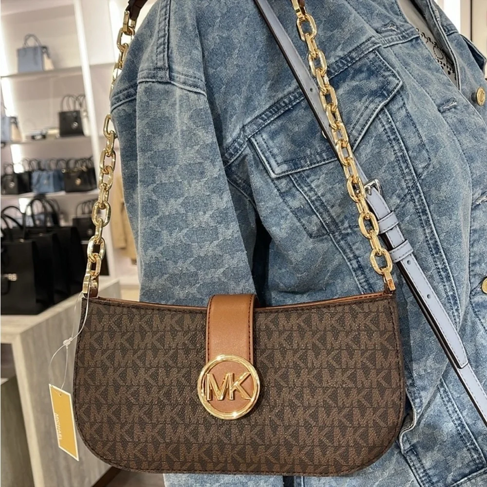 MICHAEL KORS Carmen Small Shoulder Pochette Bag BROWN SIGNATURE COLOR  NWT